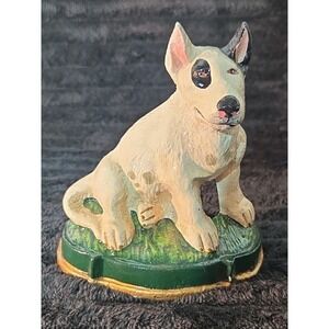 Small Cute Cast Iron Bull Terrier Figurine Door Stop Wedge White Black Dog Spuds